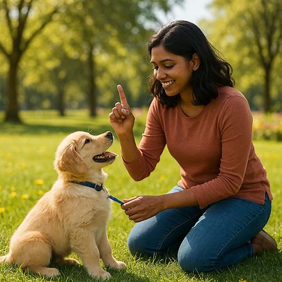Owner training puppy with positive reinforcement
