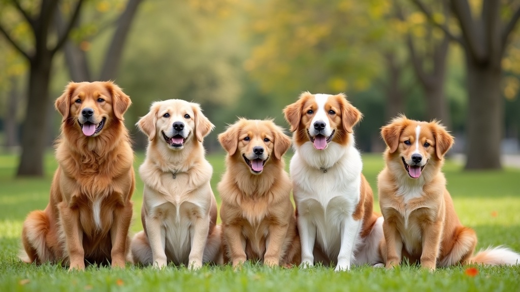 A variety of dog breeds sitting in a park, showing different sizes, coat types, and personalities.
